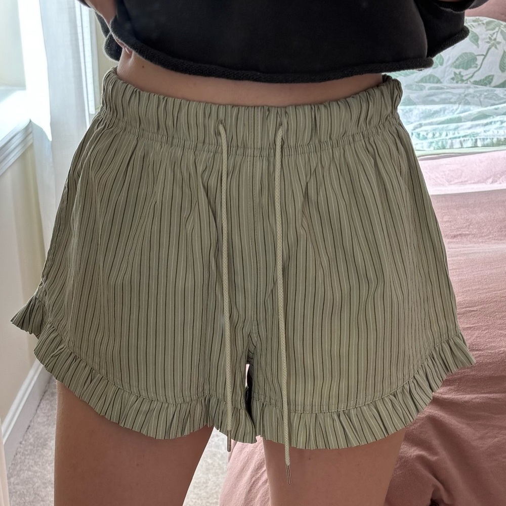 Free People Green Striped Ruffle Shorts